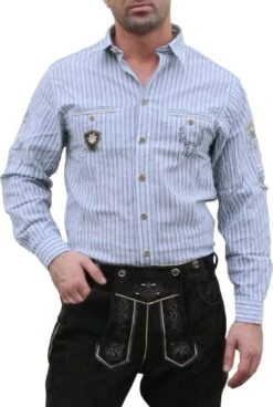 German Wear, Trachtenhemd Für Lederhosen Mit Verzierung Blau/gestreift