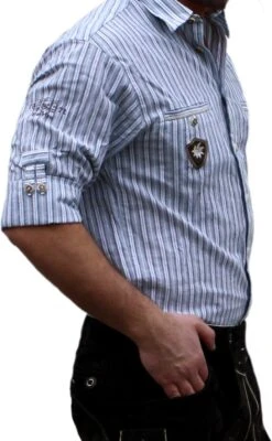 German Wear, Trachtenhemd Für Lederhosen Mit Verzierung Blau/gestreift -Bekleidungsgeschäft 1052 side