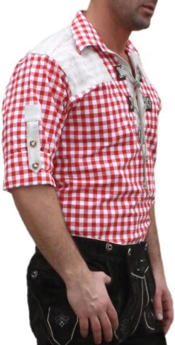 German Wear, Trachtenhemd Für Trachten Lederhosen Mit Verzierung Rot/kariert -Bekleidungsgeschäft 1053 720001 0096 34 side