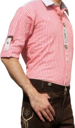 German Wear, Trachtenhemd Für Lederhosen Mit Verzierung Rot/kariert -Bekleidungsgeschäft 1059 side