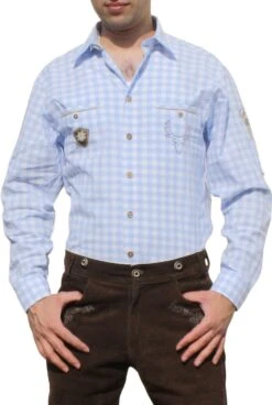 German Wear, Trachtenhemd Für Lederhosen Mit Verzierung Blau/kariert
