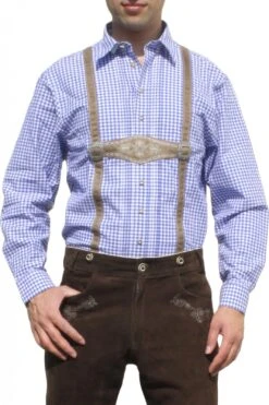 German Wear, Trachtenhemd Für Lederhosen Mit Hosenträger-Imitat Blau/kariert
