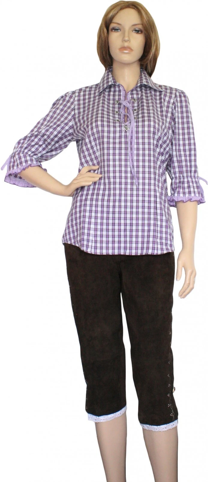 Trachtenbluse Damen Trachten Lederhosen-bluse Trachtenmode Aubergine Kariert 2 Trachtenbluse Damen Trachten Lederhosen-bluse Trachtenmode Aubergine Kariert – Bild 2