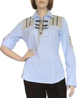 Trachtenbluse Damen Trachten Lederhosen-bluse Trachtenmode Hellblau Kariert