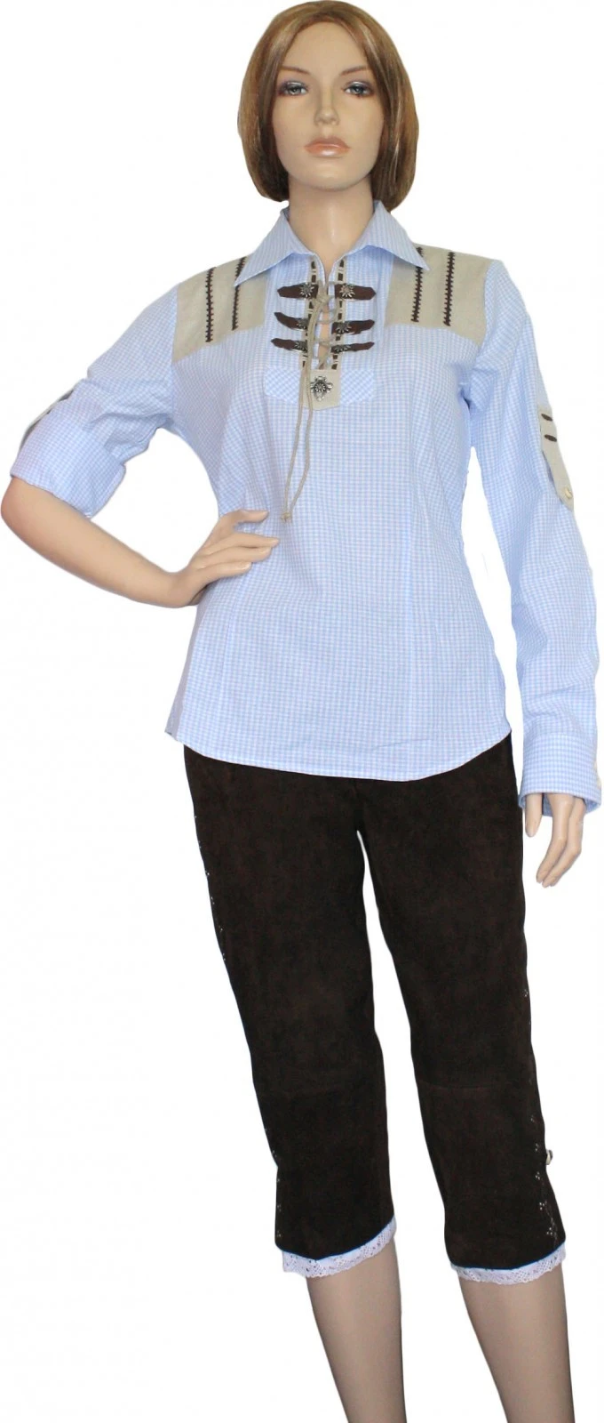 Trachtenbluse Damen Trachten Lederhosen-bluse Trachtenmode Hellblau Kariert 2 Trachtenbluse Damen Trachten Lederhosen-bluse Trachtenmode Hellblau Kariert – Bild 2