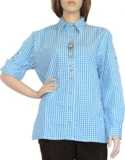 Trachtenbluse Damen Trachten Lederhosen-bluse Trachtenmode Türkis Kariert OB5-türkis