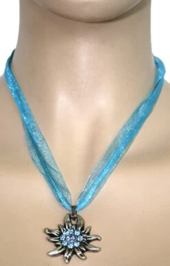 German Wear, Trachtenkette Edelweiß Satin Chiffon Straßsteine Metall 3,5cm Türkis