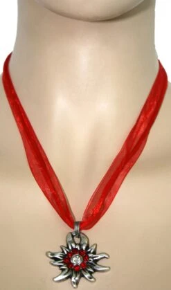 German Wear, Trachtenkette Edelweiß Satin Chiffon Straßsteine Metall 3,5cm Rot