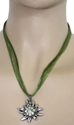 German Wear, Trachtenkette Edelweiß Satin Chiffon Straßsteine Metall Tracht Kette Grün