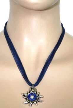 German Wear, Trachtenkette Edelweiß Satin Chiffon Straßsteine Metall Tracht Kette 3,5cm Dunkelblau