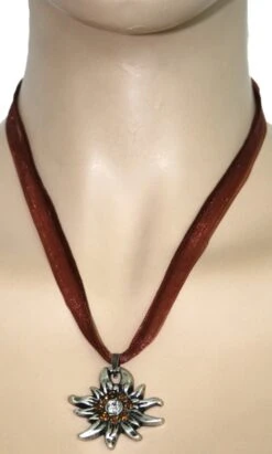 German Wear, Trachtenkette Edelweiß Satin Chiffon Straßsteine Metall Tracht Kette 3,5cm Braun