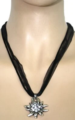 German Wear, Trachtenkette Edelweiß Satin Chiffon Straßsteine Metall Tracht Kette 3,5cm Schwarz