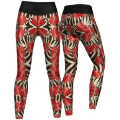 Flowers Leggings Sehr Dehnbar Für Sport,Yoga, Gymnastik, Training & Fashion Schwarz/Weiß/Rot