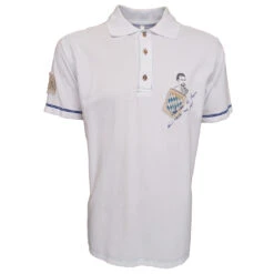 German Wear, Trachten Poloshirt T-shirt Weiß Mit Kleinem Aufdruck Und Blauer Naht