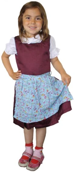 3-tlg Kinder Dirndl Mädchendirndl Dirndlbluse Dirndlschürze Kleid Bordeaux/Blau