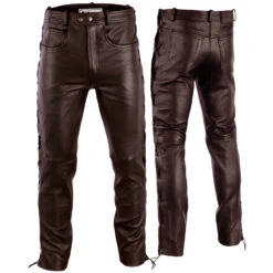 Lederhose Lederjeans Bikerjeans Aus Büffelleder Glasiert Dunkelbraun Seitlich Geschnürt