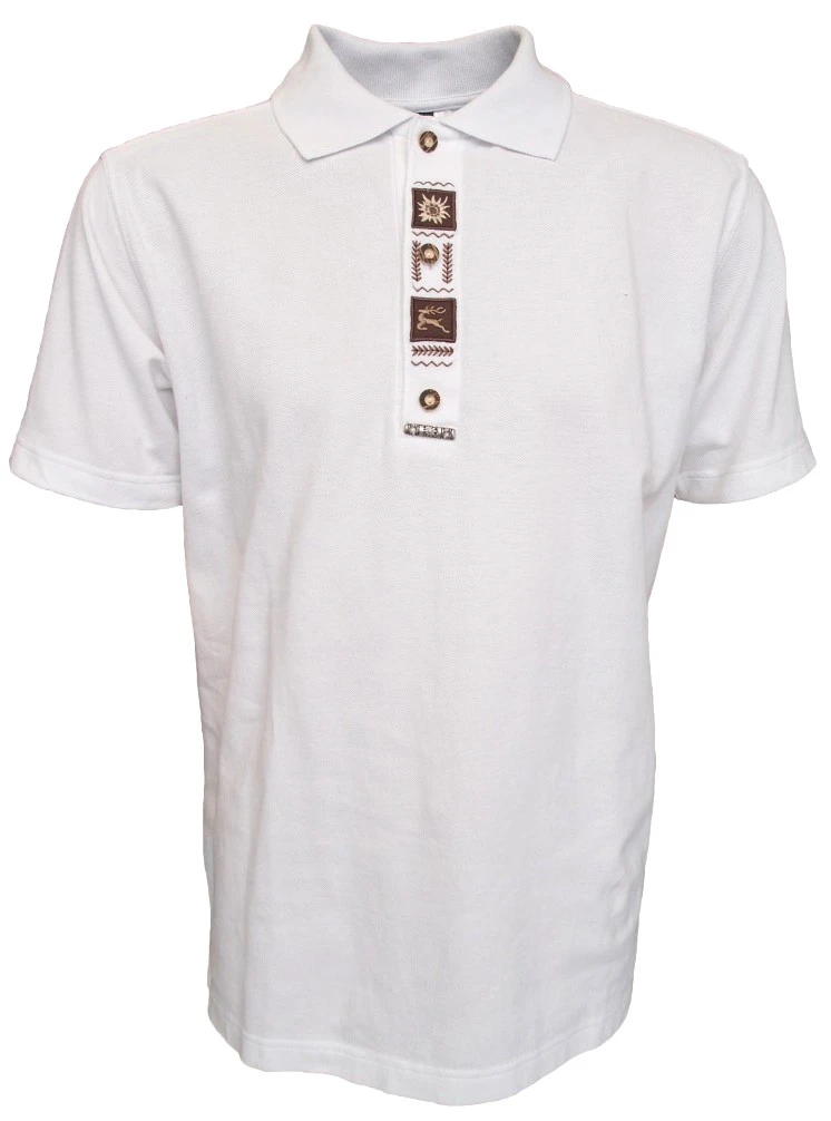 German Wear, Trachten Poloshirt Weiß Mit Und Brauner Stickerei 1 German Wear, Trachten Poloshirt Weiß Mit Und Brauner Stickerei